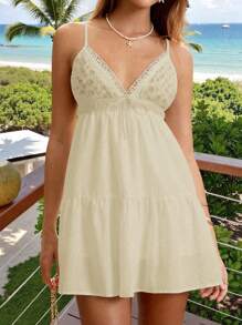 SHEIN Unity Vestido corto de tirantes finos con encaje y bordados, unicolor, versátil para uso diario y vacaciones, para primavera/verano - Albaricoque - Ver 4