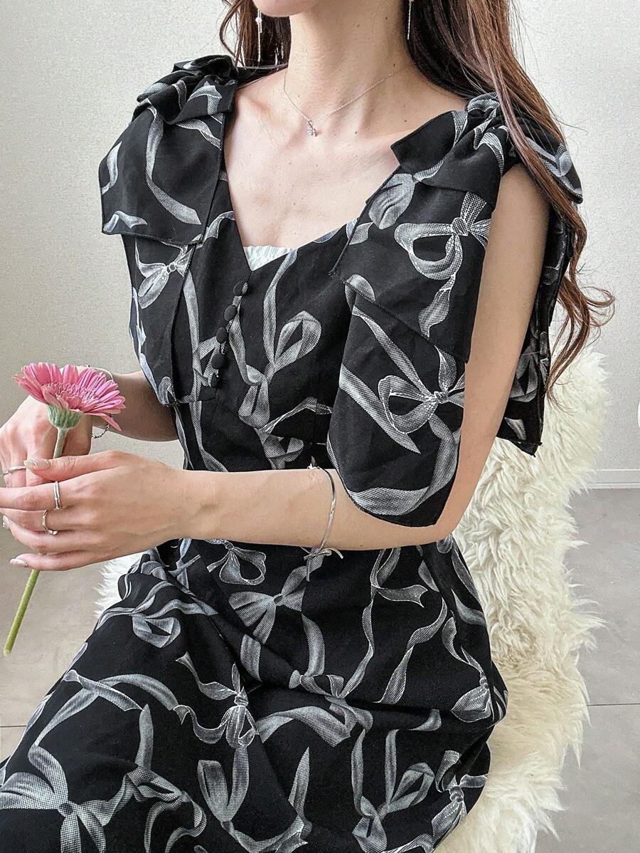 FRIFUL Women's Summer Full Print V-Neck Big Bow Detail Sleeveless Dress,Casual Women Dresses - Black - View 1