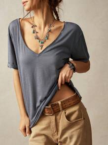 Bohemela Plus Size Women's Solid Color Simple Short Sleeve T-Shirt,Vintage - Light Grey - View 3
