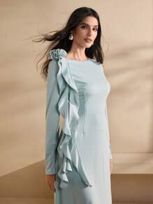 Graceveil 女式圆领荷叶边3D花卉装饰修身连衣裙 - 藍色 - 查看 1