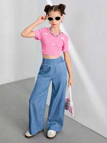 Sparklyn 少女高腰阔腿蓝色裤子，休闲度假风，春秋宽松高腰阔腿蓝色长裤，适合日常休闲穿着 - 淺色水洗藍 - 查看 4