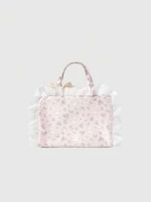 ROMWE Kawaii Borsa portatrucchi portatile di grandi dimensioni, con motivi carini da ragazza in pizzo bianco, quadretti rosa e fiocchi