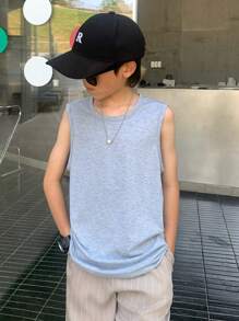 SHEIN Tween Boys' Casual Graphic Print Sleeveless Vest, Sporty Streetwear Punk Rock Preppy Style For Daily Wear, Party, Music Festival, Suitable For Spring & Summer