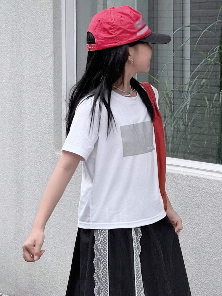 Tween Girls' Geometric Print Round Neck Loose Short Sleeve Casual T-Shirt, Summer,Back To School Clothes