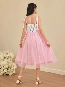 Teen Girls Tulip Print Contrast Mesh Cami Dress - Navy Blue - View 2