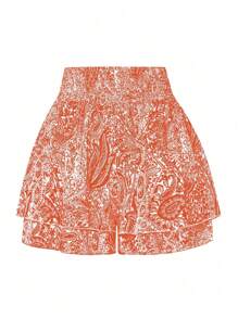 SHEIN LUNE Plus Size Women Plant Print Drawstring Waist Shorts - Orange - View 2