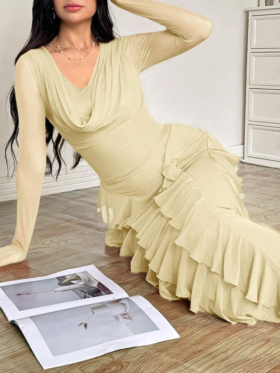 Modelyn Women's Elastic Mesh Loose Collar Ruffle Hem Bodycon Elegant Dress, Spring/Summer - Light Yellow - View 1