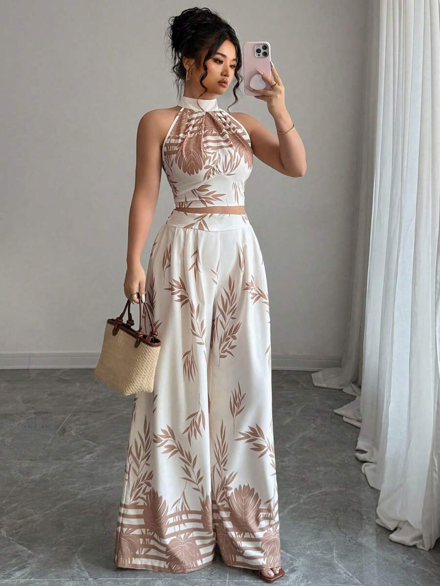 Sunserae Bộ đồ 2 món thanh lịch cho ngày lễ cỡ lớn dành cho nữ, cổ yếm, lưng chéo, quần ống rộng in hoa - Màu be - Xem 1