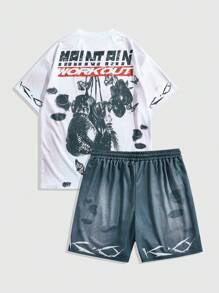 ROMWE MEN Street Life Men's Casual Boxing Character Print Dropped Shoulder Loose T-Shirt & Drawstring Waist Shorts Set