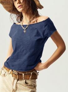 Bohemela Áo thun cổ tròn đan màu trơn ôm vừa vặn dành cho nữ - Xanh đậm - Xem 4