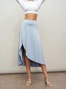 Activina Women Light Blue Casual Minimalist Solid Color Split Hem Dance Sportive Longuette Ballet Skirt - Blue - View 6