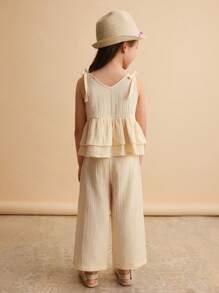 Ontre Young Girl Loose Casual Ruffle Trim Vest And Pants 2 Pieces Set - Apricot - View 2