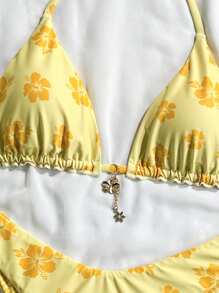 Swim Mod 2pcs/Set Summer Holiday Random Gold Flower Print Halter Triangle Bra And High-Cut Swim Briefs Sexy Yellow Bikini Set - Yellow - View 6