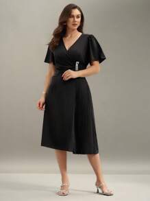 SHEIN Clasi Plus Size Women Elegant Pleated Tassel Rhinestone Decor Dress, Suitable For Commuting & Party, Minimalist & Graceful - Black - View 3