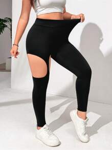 SHEIN EZwear Colanți de damă cu scobituri în carouri, culoare uni, mărime plus, pentru purtare zilnică