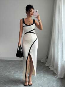 Chiquease French Elegant Waist-Gathered Ruffle Splice Backless Slit Bodycon Dress For Women - Apricot - View 7