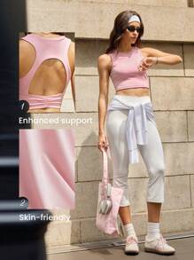 SHEIN Sovereign Charm Women Solid Color Hollow Back Casual Sports Cropped Tank Top - Pink - View 3