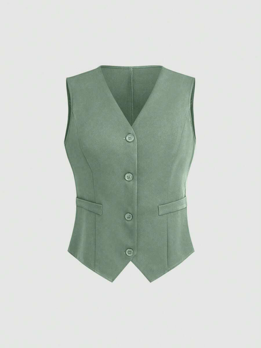 SHEIN LUNE Women's Solid Color V-Neck Sleeveless Single-Breasted Commute Vest Jacket - Olive Green - View 1