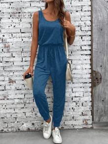 SHEIN PETITE Women's Solid Color Minimalist Sleeveless Jumpsuit - Blue - View 3