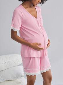 BloomMama 2 Packs Maternity Short Sleeve Nursing Pajama Set With Lace&Button,Lounge Set Fashion Sleepwear - Pink - View 3