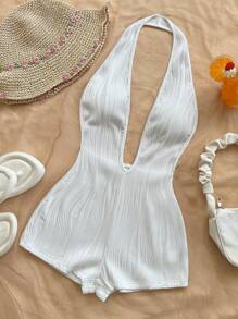 Soleia Salopetă de damă albă, tricotată, texturată, cu model ondulat, cu mânecă în V adânc, fără spate, sexy, slim fit, perfectă pentru petrecere, întâlnire, ceai de după-amiază, vacanță boho, plajă la mare, vară