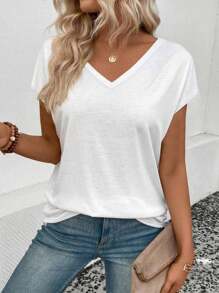 Louniche Kaos Kasual Lengan Pendek Leher V Warna Polos untuk Wanita di Musim Panas - Putih - View 6