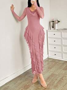 Modelyn 女式长款弹力网眼低胸荷叶边下摆修身优雅连衣裙，春夏 - 藕粉色 - 查看 7