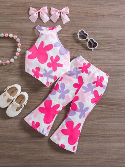 SHEIN 2pcs/Set Baby Girls Colorful Printed Top And Flared Pants Set