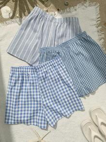 Comfortcana Women's Plus Size Casual Woven Fabric Shorts In Blue And White: Textured, Short Length Summer Style - Blue and White - View 2