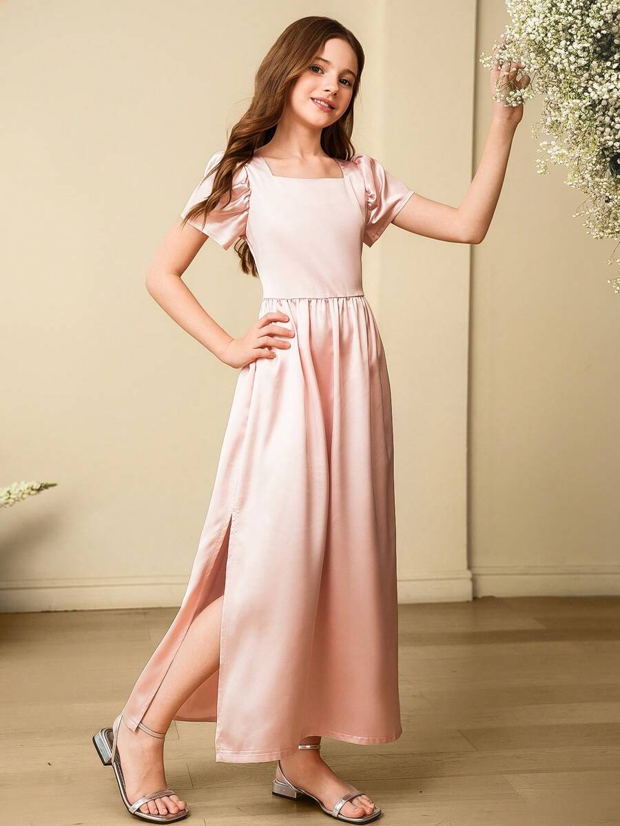 SHEIN 女童泡泡袖方领连衣裙,柔粉色飘逸公主裙,适合儿童婚礼、宾客、伴娘、生日仪式 - 粉色 - 查看 1
