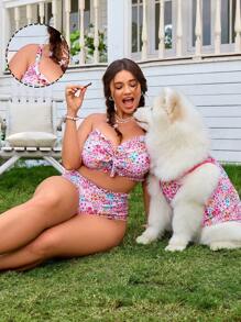 Swim Mod Plus Size Women's 2 Pieces Floral Random Print Ruffled Bikini Top And Beach Shorts Swimsuit Set, Spring/Summer Beach Holiday