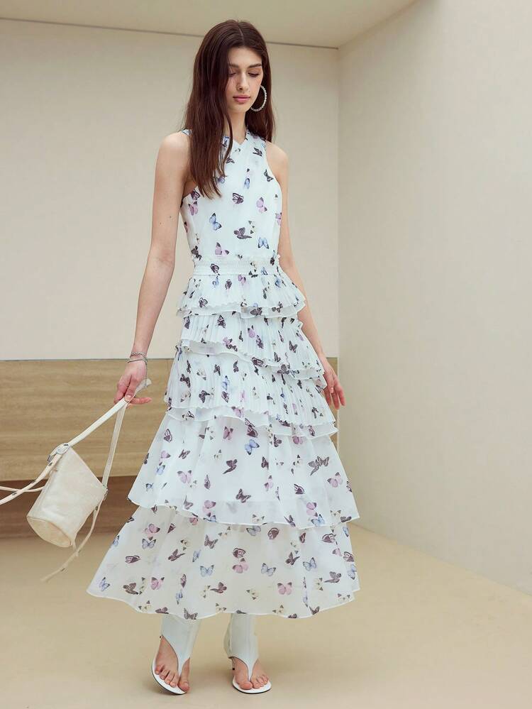 MOTF STUDIO BUTTERFLY PRINT RUFFLE COCKTAIL DRESS