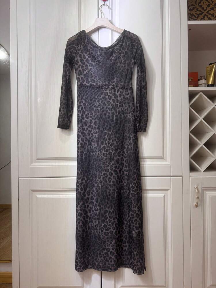 Leopard Print Mesh See-Through One Shoulder Long Fitted Sexy Women Nightgown Lingerie For Women