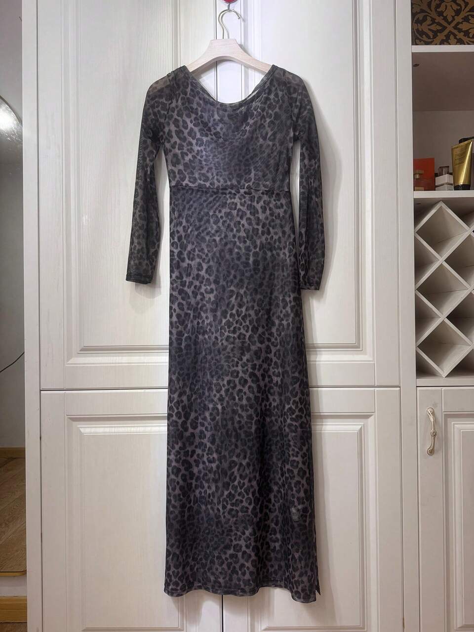 Leopard Print Mesh See-Through One Shoulder Long Fitted Sexy Women Nightgown Lingerie For Women
