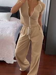DAZY Conjunto de ropa de estar en casa de punto de dos tonos y estilo deportivo para mujer