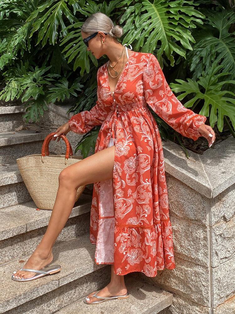 Women's Vintage Elegant Long Ditsy Floral Dress With Shawl Vacation Cruise Outfit For Women