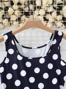 SHEIN LUNE Women's Summer Travel Fashion Blue Base White Polka Dot Sleeveless Dress