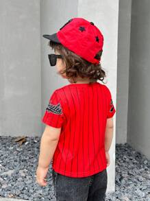 Unisex Baby/Toddler Casual Cute Funny Sporty Streetwear College Style Basic Versatile Comfy Fashionable Letter/Stripe Printed Round Neck Short Sleeve T-Shirt, Suitable For Home, Outing, Sports, School, Travel, Spring/Summer/Autumn - Red - View 4