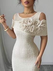 Modelyn Solid Color Mesh Splice & 3D Flower Decor Shoulder-Revealing Mid-Calf Dress For Women - Apricot - View 4