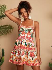 Travachic Vestido Curto Feminino Floral Estampado com Alças Tipo Espaguete, Adequado para Primavera/Verão, Estilo de Férias, Tecido Estampado Gráfico, Roupas Casuais de Férias de Verão para Mulheres, Trajes de Férias na Praia Boêmia, Estilo Boho Chic, Roupa para Show de País, Roupas de Festival de Férias, Roupas de Praia para Mulheres, Roupas de Verão para Mulheres, Estilo Velho Dinheiro, Roupa de Formatura, Vestido Solto de Verão, Vestidos de Aniversário para Mulheres