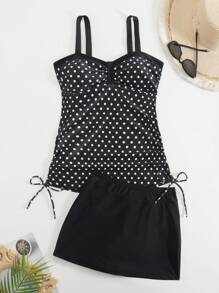 Swim Lushoire 2pcs Women Polka Dot Printed Swimwear, Slimming & Flattering Hot Spring Holiday Swimwear Set For Summer Beach Vacation - Black - View 6