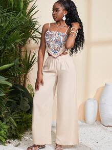 SHEIN Leap Crew Conjunto de top de camisola con estampado de colocación tejido para adolescentes, pantalones de corte holgado y acampanado, vestido mini de verano con lunares y mangas abullonadas en color albaricoque, vestido de línea A con abertura lateral, vestidos de verano en tonos pastel - Albaricoque - Ver 5