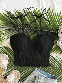 Soleia White Floral Textured Ruffle Trim Women's Camisole Tank Top For Vacation Black Eyelet Top Black Tie Strap Top Black Summer Top Black Crop Top Black Ruffled Top