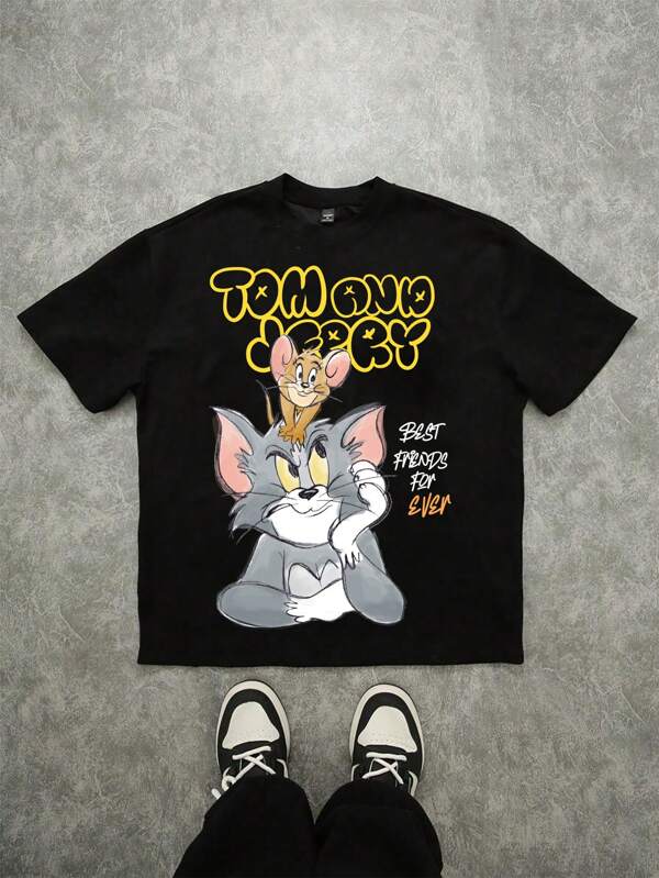 TOM & JERRY X SHEIN Round Neck Short Sleeve Loose Summer Comfortable Black, Casual Cartoon Street Fun Cat And Mouse English Letter Graphic Women's T-Shirt