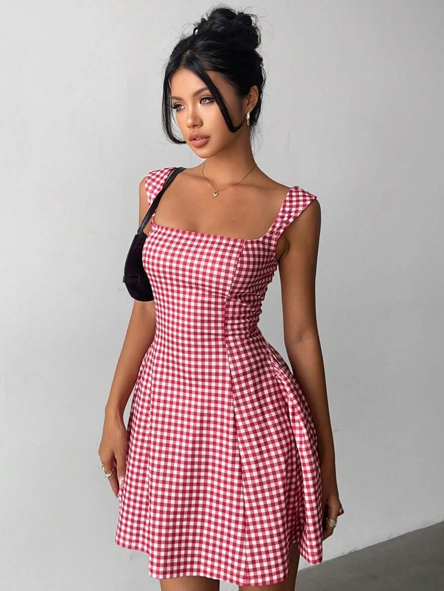 Aloruh Váy ngắn kẻ caro đỏ trắng thanh lịch cho nữ