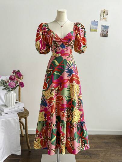 Soleia 女士度假风格彩色花卉印花泡泡袖、荷叶边下摆浪漫婚礼、毕业典礼、返校、派对、可爱休闲、单身派对、复古夏季橙色热带图案长裙