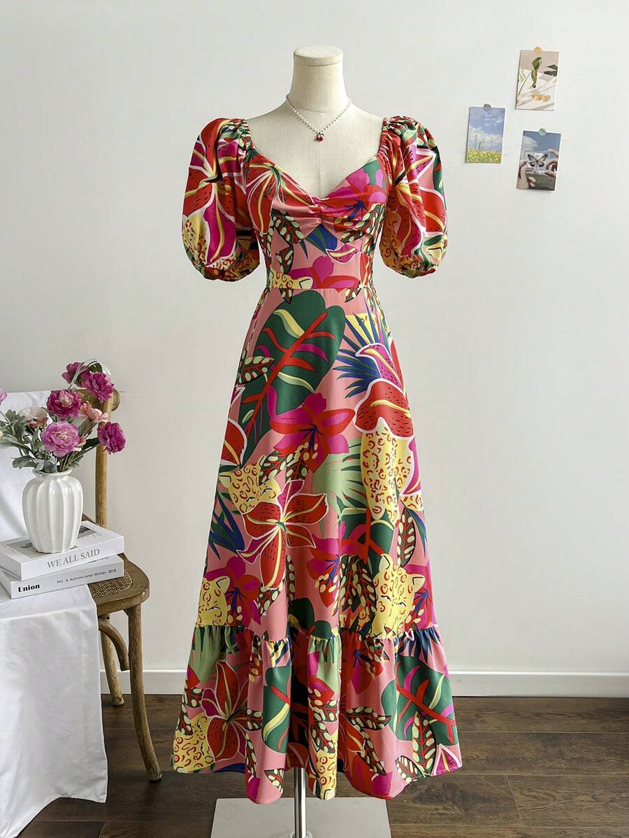 Soleia Váy Maxi họa tiết nhiệt đới màu cam cổ điển mùa hè cho nữ, tay bồng, viền bèo, đám cưới lãng mạn, tốt nghiệp, trở lại trường, tiệc tùng, giản dị dễ thương, tiệc độc thân - Nhiều màu - Xem 1