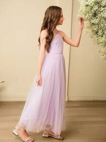 SHEIN Wedding Season Elegant Net Yarn Bridesmaid Dress For Tween Girls With Neck Hanging Design, Suitable For Weddings, Birthdays, Spring & Summer - Purple - View 7