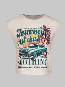 SHEIN Camiseta de manga corta con gráfico de coche retro para niñas, dulce y picante, campamento de verano