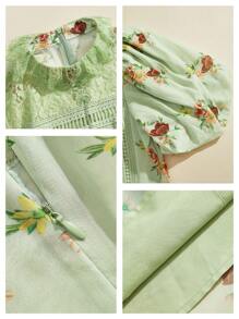 Anewsta 女式优雅休闲印花撞色蕾丝泡泡袖摆裙 - 綠色 - 查看 8